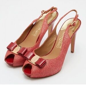 New Ferragamo Orange suede bow peep toe sling back sandals